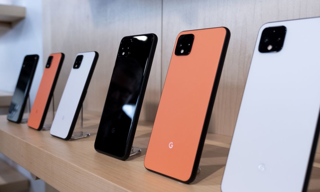 Google Pixel 4 phones are displayed at an event announcing the product Tuesday, Oct. 15, 2019, in New York. 
