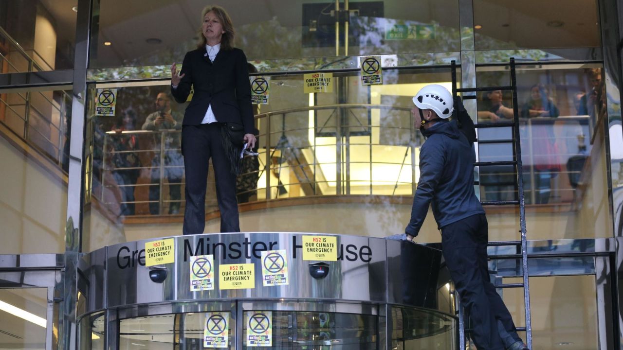 Gail Bradbrook, co-founder of Extinction Rebellion, demonstrating at the Department for Transport.