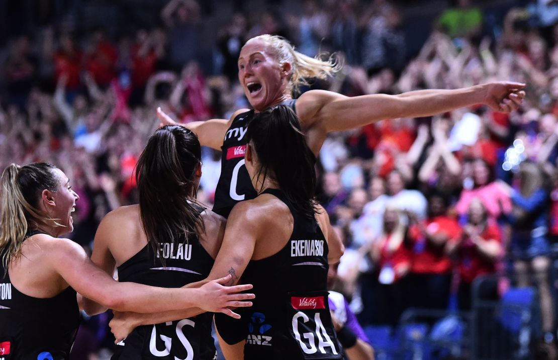 Laura Langman of New Zealand celebrates after the 2019 Netball World Cup final.
