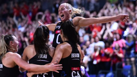 Laura Langman of New Zealand celebrates after the 2019 Netball World Cup final.