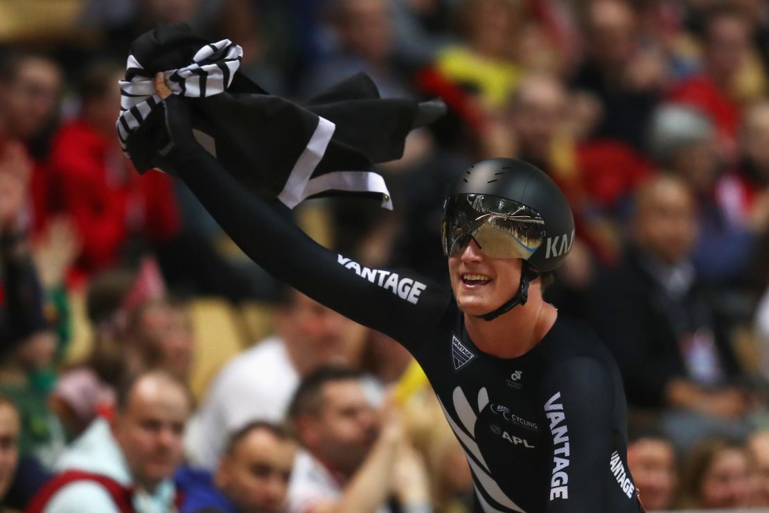 Campbell Stewart of New Zealand celebrates winning the gold medal in the Men's Omnium final at the UCI track cycling World Championships in March.