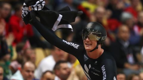 Campbell Stewart of New Zealand celebrates winning the gold medal in the Men's Omnium final at the UCI track cycling World Championships in March.