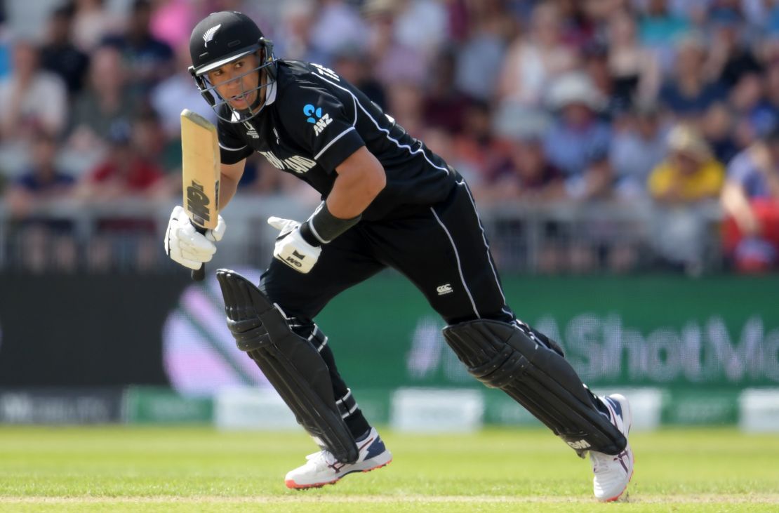 New Zealand's Ross Taylor watches the ball after playing a shot during the 2019 Cricket World Cup group stage match between West Indies and New Zealand in June.