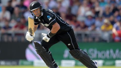New Zealand's Ross Taylor watches the ball after playing a shot during the 2019 Cricket World Cup group stage match between West Indies and New Zealand in June.