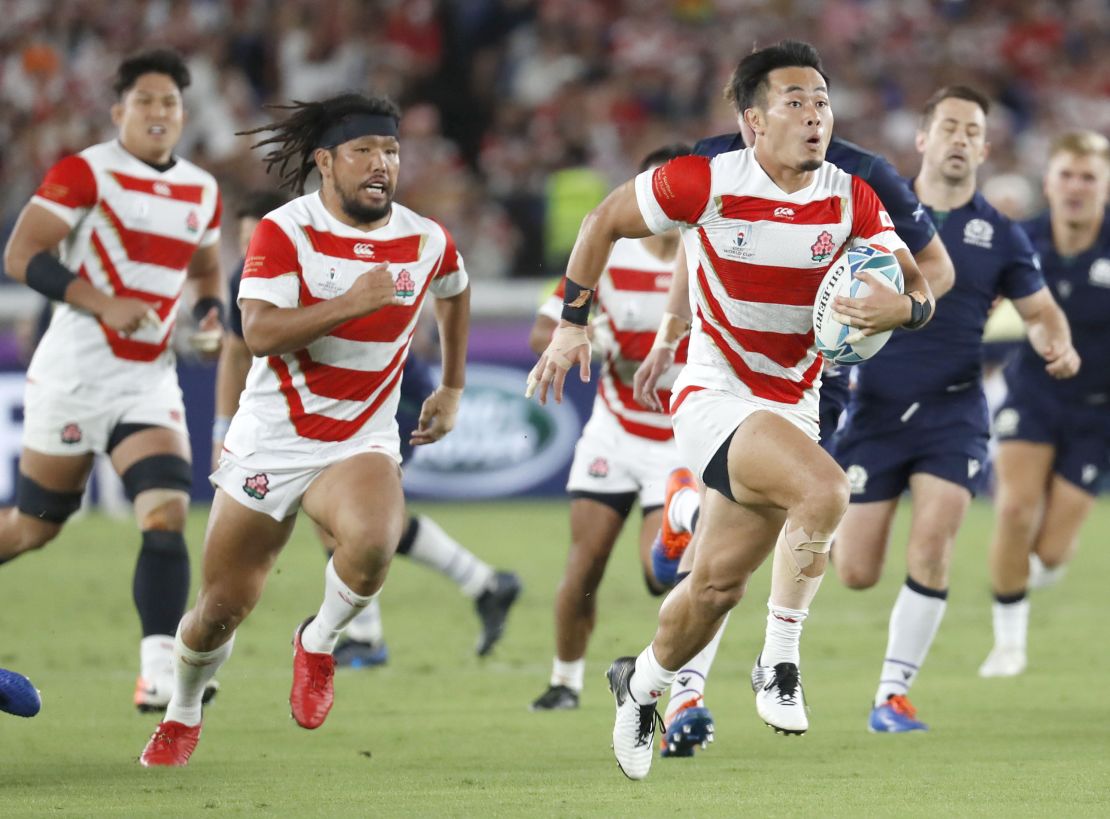 Kenki Fukuoka scores in Japan's victory over Scotland. 