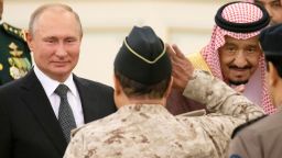Russian President Vladimir Putin and Saudi Arabia's King Salman attend the official welcome ceremony in Riyadh, Saudi Arabia, on October 14, 2019.