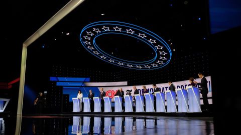 Presidential candidates take the stage in the Democratic debate co-hosted by CNN and The New York Times in Westerville, Ohio, on October 15, 2019.