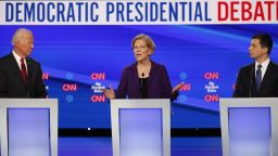 Presidential candidates Joe Biden, Elizabeth Warren, and Pete Buttigieg participate in the Democratic debate co-hosted by CNN and The New York Times in Westerville, Ohio, on Tuesday, October 15.