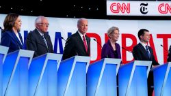 Presidential candidates Kamala Harris, Bernie Sanders, Joe Biden, Elizabeth Warren, and Pete Buttigieg participate in the Democratic debate co-hosted by CNN and The New York Times in Westerville, Ohio, on Tuesday, October 15.
