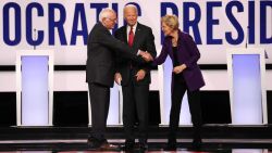Presidential candidates Bernie Sanders, Joe Biden and Elizabeth Warren participate in the Democratic debate co-hosted by CNN and The New York Times in Westerville, Ohio, on Tuesday, October 15.
