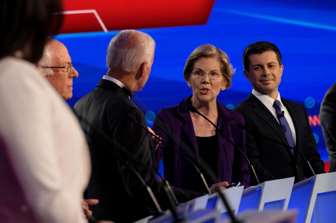 Warren addresses Biden during the debate. She has been surging in the polls, challenging the front-runner status that Biden has held for months.