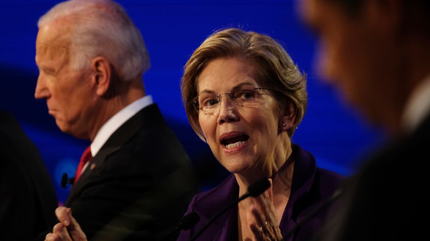 Presidential candidate Elizabeth Warren participate in the Democratic debate co-hosted by CNN and The New York Times in Westerville, Ohio, on Tuesday, October 15.
