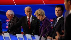 Presidential candidates Bernie Sanders, Joe Biden, Elizabeth Warren and Pete Buttigieg participate in the Democratic debate co-hosted by CNN and The New York Times in Westerville, Ohio, on Tuesday, October 15.