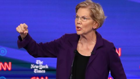 WESTERVILLE, OHIO - OCTOBER 15: Sen. Elizabeth Warren (D-MA) speaks during the Democratic Presidential Debate at Otterbein University on October 15, 2019 in Westerville, Ohio. A record 12 presidential hopefuls are participating in the debate hosted by CNN and The New York Times. (Photo by Win McNamee/Getty Images)