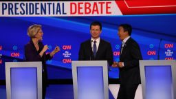 Presidential candidates Elizabeth Warren, Pete Buttigieg and Andrew Yang participate in the Democratic debate co-hosted by CNN and The New York Times in Westerville, Ohio, on Tuesday, October 15.