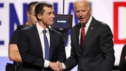 WESTERVILLE, OHIO - OCTOBER 15: South Bend, Indiana Mayor Pete Buttigieg and former Vice President Joe Biden shake hands after the Democratic Presidential Debate at Otterbein University on October 15, 2019 in Westerville, Ohio. A record 12 presidential hopefuls are participating in the debate hosted by CNN and The New York Times. (Photo by Win McNamee/Getty Images)