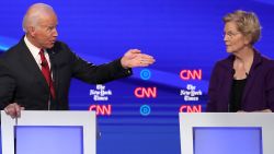 WESTERVILLE, OHIO - OCTOBER 15: Former Vice President Joe Biden challenges Sen. Elizabeth Warren (D-MA) during the Democratic Presidential Debate at Otterbein University on October 15, 2019 in Westerville, Ohio. A record 12 presidential hopefuls are participating in the debate hosted by CNN and The New York Times. (Photo by Win McNamee/Getty Images)