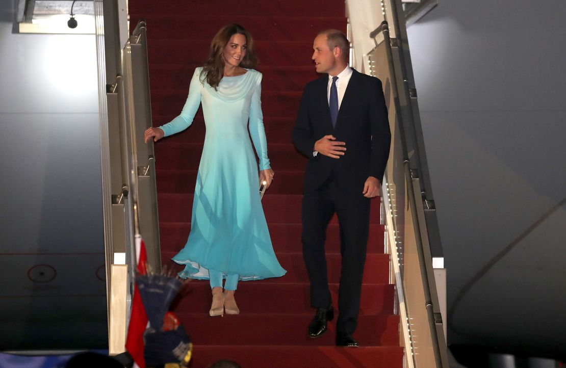 Catherine, Duchess of Cambridge and Prince William, Duke of Cambridge arrive at Kur Khan airbase ahead of their royal tour of Pakistan on October 14, 2019 in Rawalpindi, Pakistan.