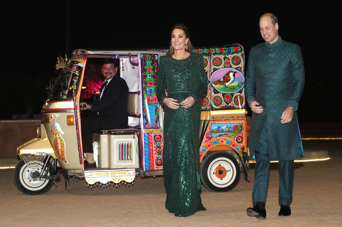 Catherine, Duchess of Cambridge and Prince William, Duke of Cambridge arrive by Tuk Tuk as they attend a special reception hosted by the British High Commissioner at the Pakistan National Monument, during day two of their royal tour of Pakistan on October 15, 2019 in Islamabad, Pakistan. 