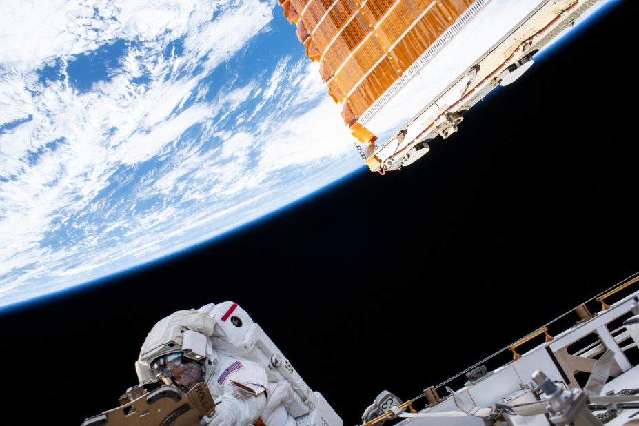 NASA astronaut Andrew Morgan views Earth from 250 miles away during a spacewalk at the International Space Station, an orbiting space laboratory, assembled through a decades-long collaboration of countries.