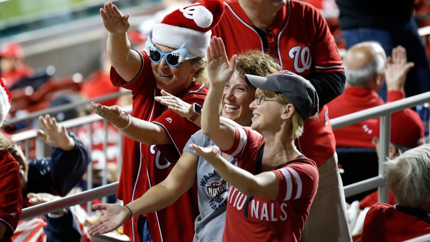 Fans cheer before Game 3 of the baseball National League Championship Series between the St. Louis Cardinals and the Washington Nationals Monday, Oct. 14, 2019, in Washington.
