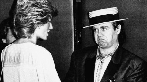 Princess Diana and Elton John at Wembley Stadium for the London end of the Live Aid concert in 1985.