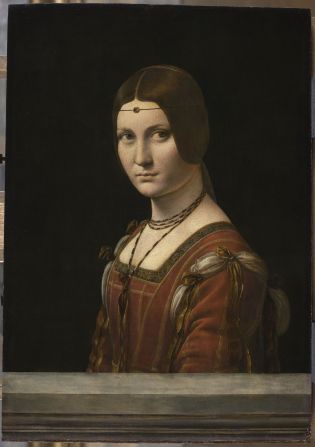 The Leonardo da Vinci exhibition at the Louvre includes over 120 works. This is La Belle Ferronnière (1490-1497), from the Louvre collection. The subject of this painting is believed to be Lucrezia Crivelli, a mistress of Leonardo's employer and Milan's ruler, Ludovico Sforza. Leonardo had painted a portrait of Sforza's previous mistress, Cecilia Gallerani, just a few years earlier. In fact, the walnut panels from the two works seem to come from the same tree, which has helped with attributing this work to Leonardo. The painting is also known as "La Belle Ferronnière," after the headband with a jewel worn by the subject. Browse through the gallery to see a selection of the works on display.