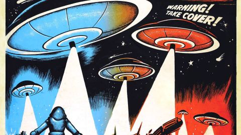 A movie poster from the 1950s shows how Hollywood envisioned UFOs