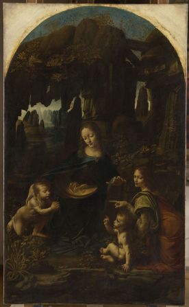 The Virgin of the Rocks (1483-1494), from the Louvre collection. This first version of the painting, which now hangs at the Louvre, was commissioned in 1483 by the Milanese Confraternity of the Immaculate Conception as an altarpiece, but it was never delivered. Leonardo likely demanded more money than originally agreed upon and ended up either selling the painting to a third party or giving it away. To fulfill the commission, Leonardo's studio eventually made another, which now hangs at London's National Gallery. It differs from the original in a number of details (most prominently the lack of the pointing gesture by the angel towards an infant John the Baptist) but it shows enough of the master's hand to be generally attributed to him.