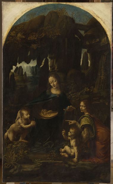 The Virgin of the Rocks (1483-1494), from the Louvre collection. This first version of the painting, which now hangs at the Louvre, was commissioned in 1483 by the Milanese Confraternity of the Immaculate Conception as an altarpiece, but it was never delivered. Leonardo likely demanded more money than originally agreed upon and ended up either selling the painting to a third party or giving it away. To fulfill the commission, Leonardo's studio eventually made another, which now hangs at London's National Gallery. It differs from the original in a number of details (most prominently the lack of the pointing gesture by the angel towards an infant John the Baptist) but it shows enough of the master's hand to be generally attributed to him.