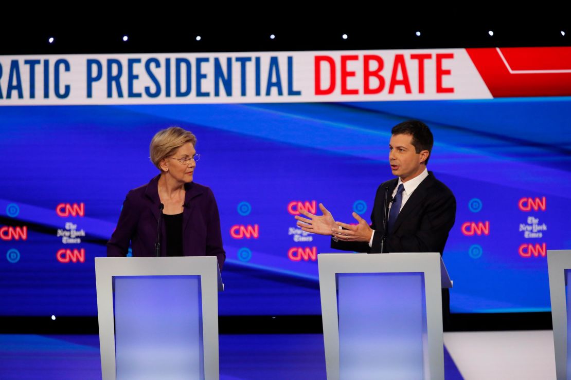 Presidential candidates Elizabeth Warren and Pete Buttigieg participate in the Democratic debate co-hosted by CNN and The New York Times in Westerville, Ohio, on Tuesday, October 15.