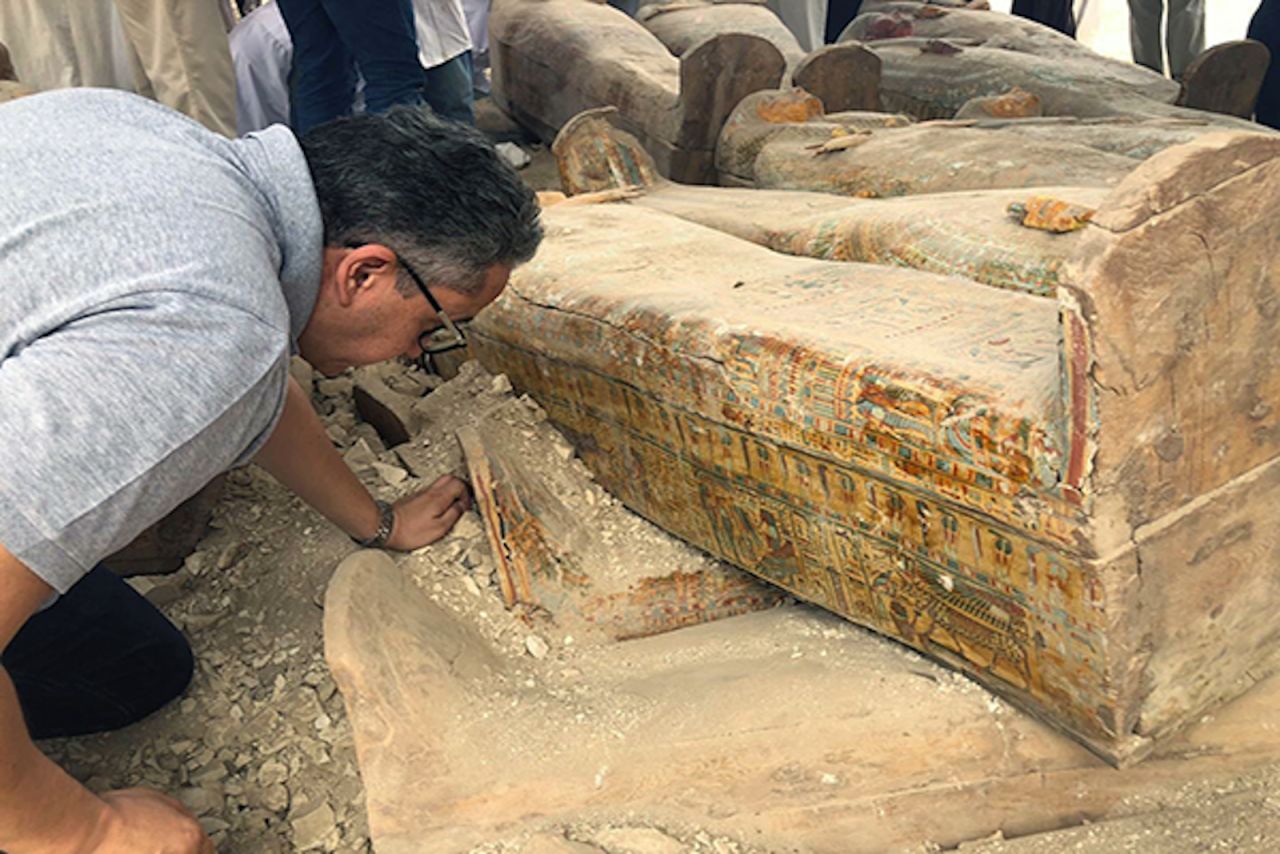 Antiquities minister Khaled El-Anany inspects the discoveries.