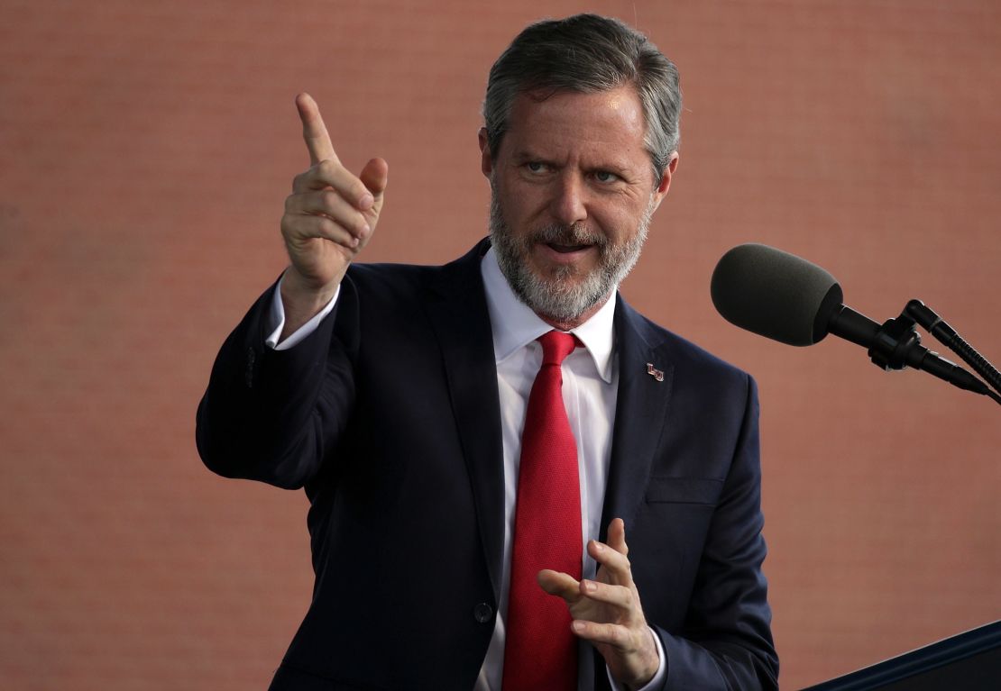 Jerry Falwell Jr., President of Liberty University, speaks during a commencement ceremony at the school