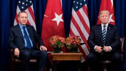 Turkey's President Recep Tayyip Erdogan and US President Donald Trump wait for a meeting at the Palace Hotel during the 72nd United Nations General Assembly September 21, 2017 in New York City. 