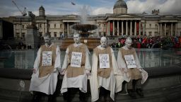 Extinction Rebellion climate change protesters demonstrate during a rally in Trafalgar Square, London, Wednesday, Oct. 16, 2019.  Climate protesters in London have kept up their campaign despite being ousted by a police order from their Trafalgar Square encampment on Monday. (AP Photo/Matt Dunham)