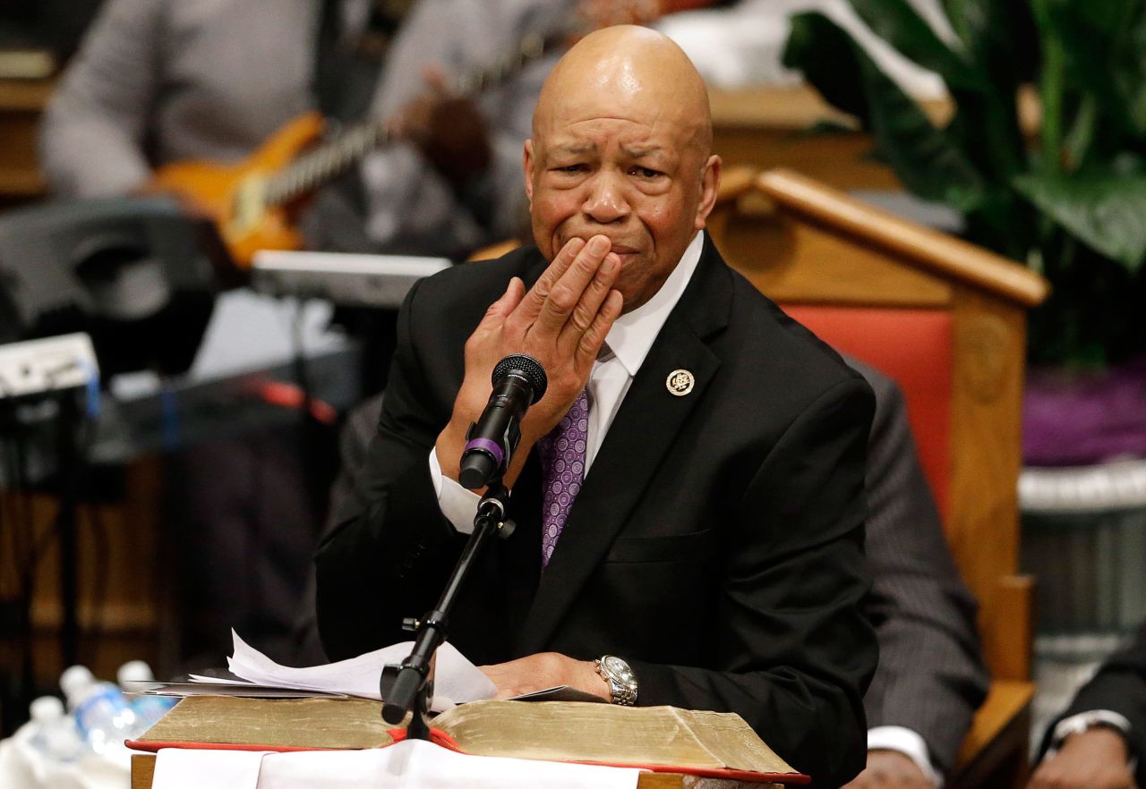 Cummings addresses mourners at a funeral for Freddie Gray in April 2015. Gray died after sustaining a neck injury while in police custody.