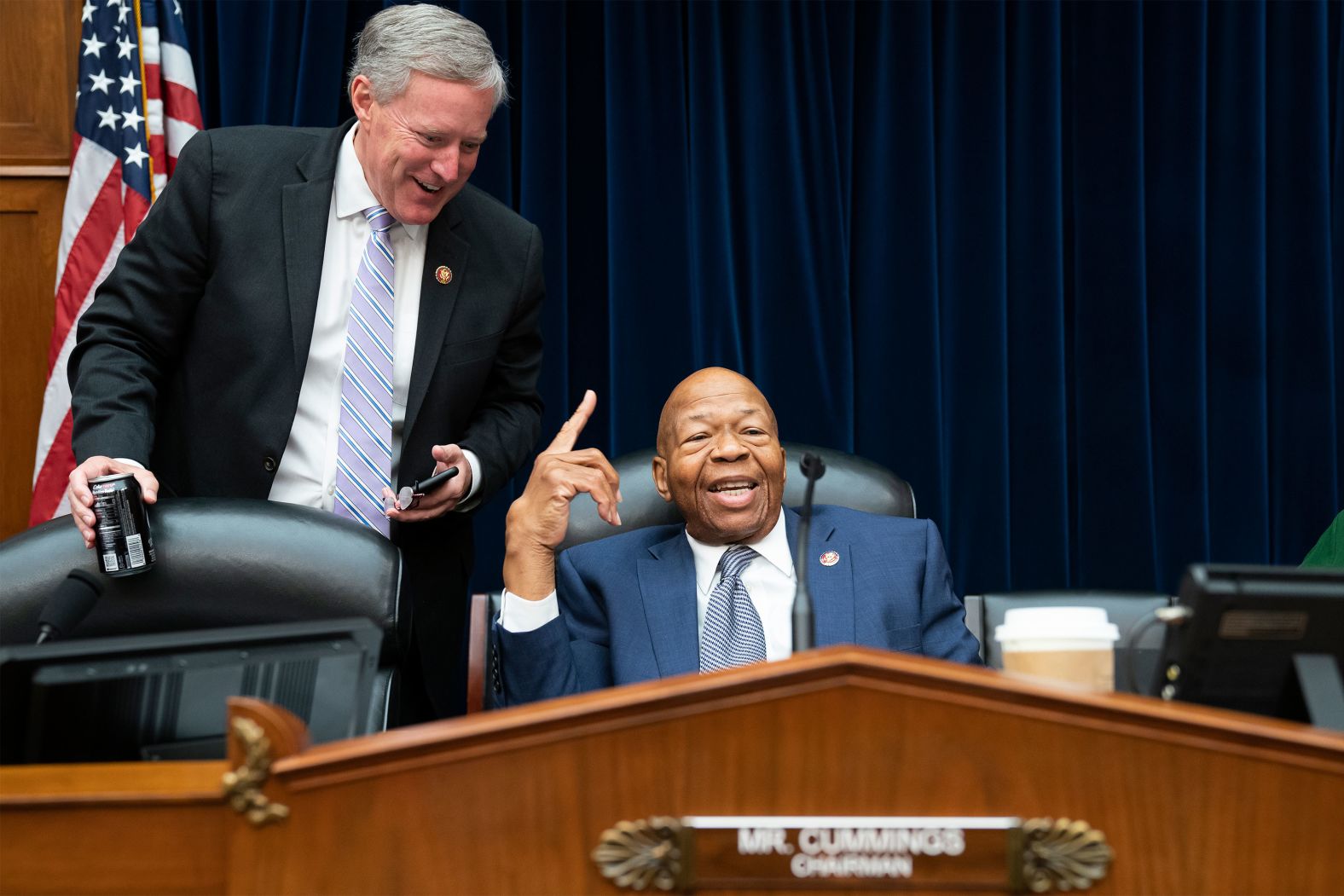 Cummings speaks with US Rep. Mark Meadows in June 2019, just after a panel voted to hold Attorney General William Barr and Commerce Secretary Wilbur Ross in contempt for failing to turn over subpoenaed documents related to the Trump administration's decision to add a citizenship question to the 2020 census.