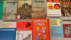 A collection of former East German textbooks, on display at the School Museum in Leipzig, Germany.