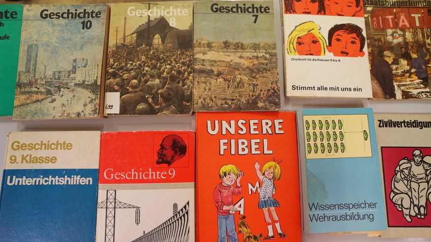 A collection of former East German textbooks, on display at the School Museum in Leipzig, Germany.