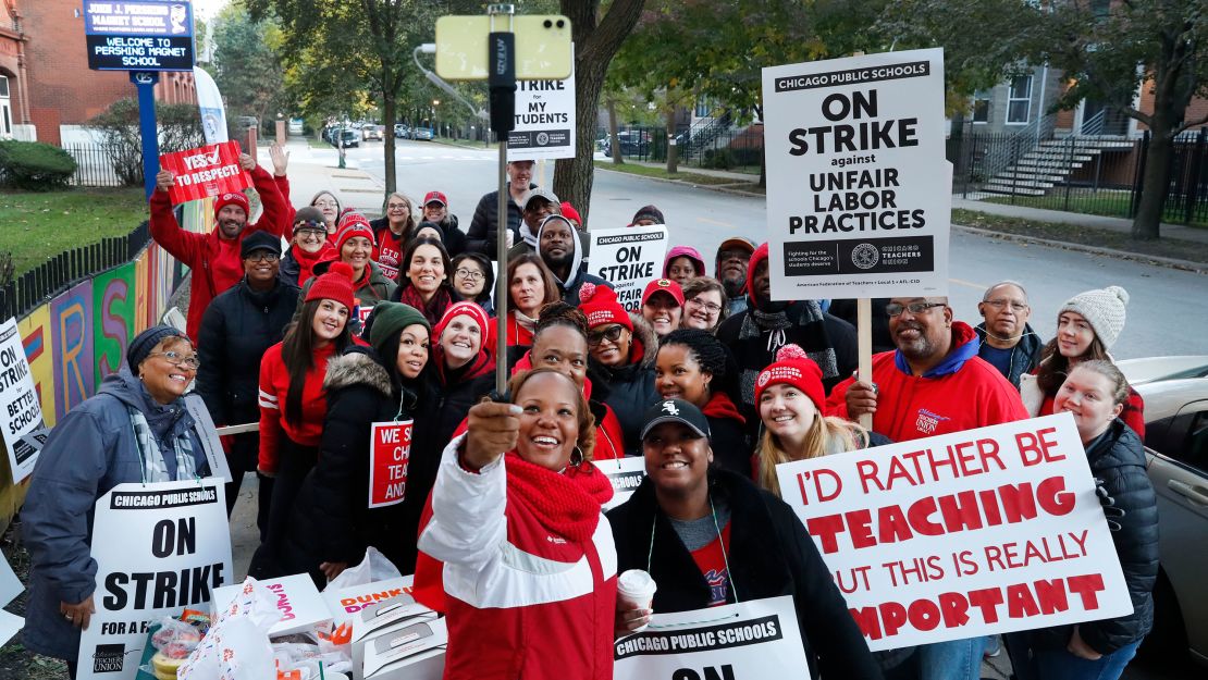 Teachers and supporters rallied Thursday in Chicago's Bronzeville neighborhood.