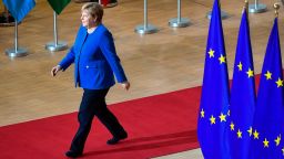 Germany's Chancellor Angela Merkel arrives for an European Union Summit at European Union Headquarters in Brussels on October 17, 2019. 