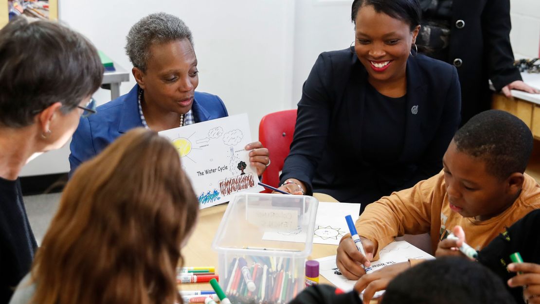 Mayor Lori Lightfoot and Chicago Public Schools CEO Janice Jackson with students on the first day of a strike by the Chicago Teachers Union  on October 17, 2019.