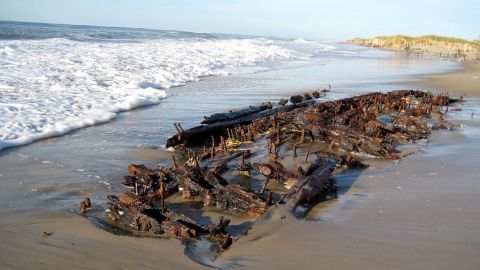 A storm briefly uncovered the wreckage of a ship in Hatteras, North Carolina.
