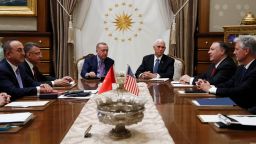 Vice President Mike Pence meets with Turkish President Recep Tayyip Erdogan at the Presidential Palace for talks on the Kurds and Syria, Thursday, Oct. 17, 2019, in Ankara, Turkey. Secretary of State Mike Pompeo and U.S. National Security Adviser Robert O'Brien, right, Turkish VP Fuat Oktay and Turkish Foreign Minister Mevlüt Çavuşoğlu, are left. (AP Photo/Jacquelyn Martin)