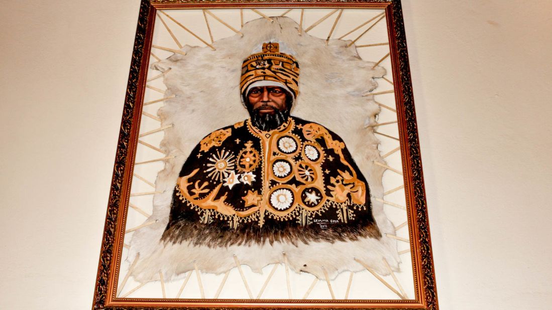 <strong>Animal hide portrait:</strong> An image of Emperor Menelik painted on a stretched animal hide hangs on the wall in the palace.