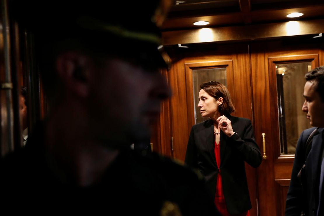 Fiona Hill, former senior director for European and Russian affairs on the National Security Council, departs after testifying in the impeachment inquiry on Capitol Hill in Washington on October 14, 2019. 