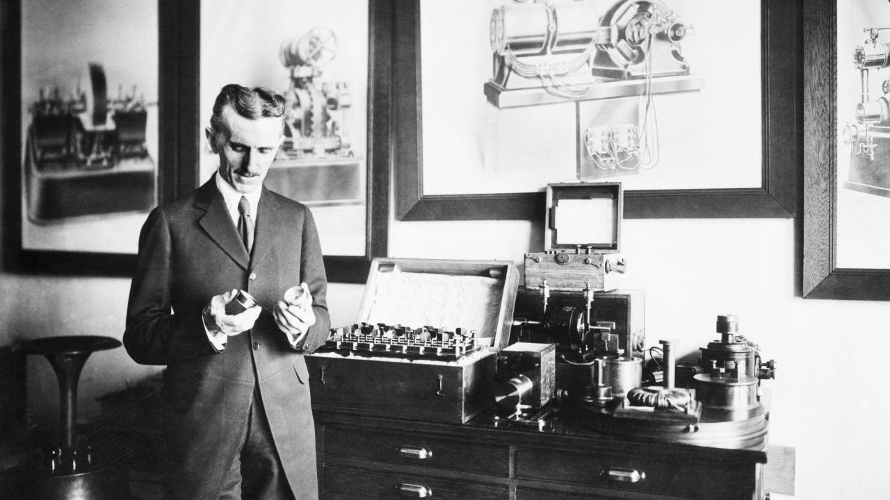 Nikola Tesla is pictured in his laboratory. The Serbian-American inventor was involved in numerous discoveries and inventions including the rotating magnetic field, the Tesla Coil, and induction motors.