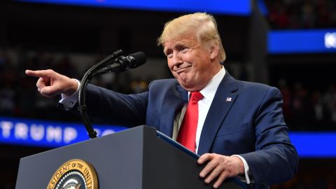 US President Donald Trump gestures as he speaks during a "Keep America Great" rally at the Amercian Airlines Center in Dallas, Texas on October 17, 2019. (Photo by Nicholas Kamm / AFP) (Photo by NICHOLAS KAMM/AFP via Getty Images)