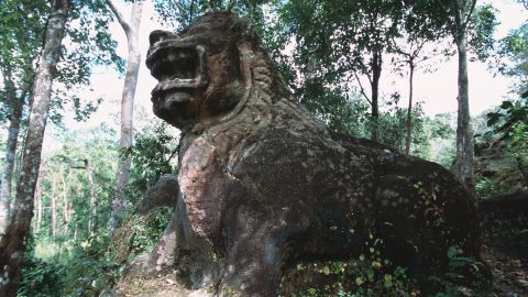 A lion monolith on Phnom Kulen, Cambodia, where scientists have identified the ancient city of Mahendraparvata.