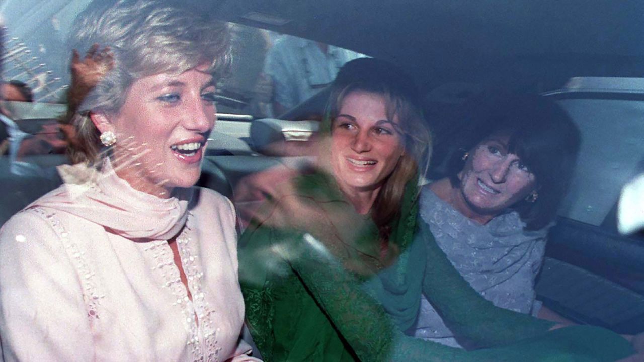 A laughing Princess of Wales with Jemima Khan (now Goldsmith) and her mother, Annabel Goldsmith, in Lahore, Pakistan.